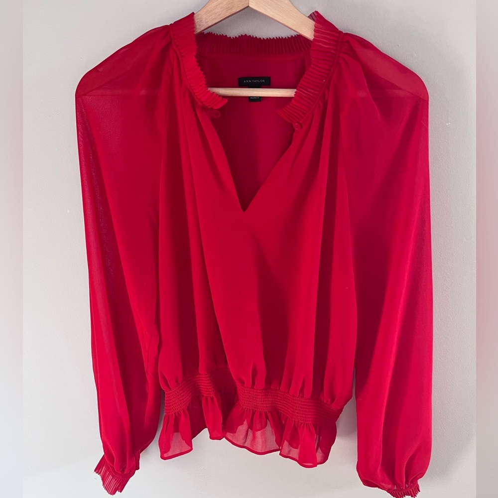 Ann Taylor Red Sheer Blouse V-Neck Smocked Waist Peplum Top